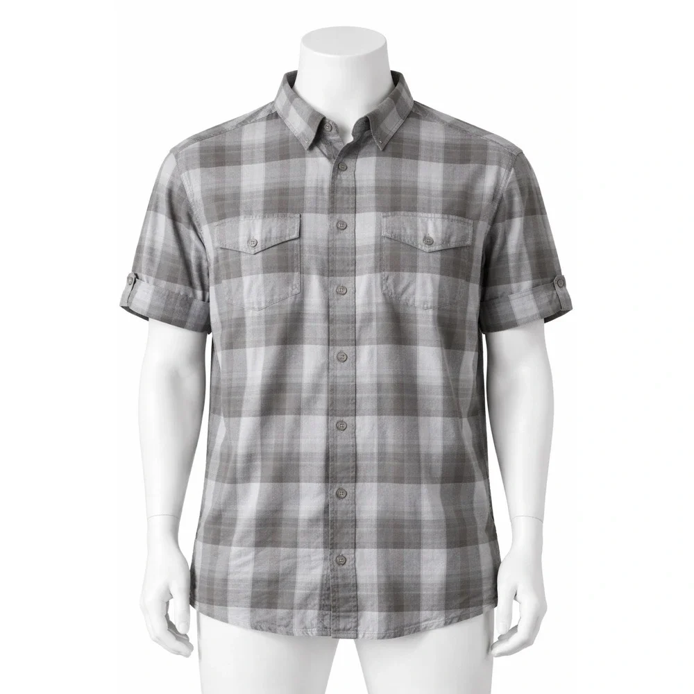 J Ferrar Mens 2XL Tall Shirt Gray Plaid Short Sleeve Button Down Cotton Big Tall